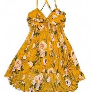Free People Babydoll MIRAGE Convertible Mustard Floral Flowy Sheer Top Sz Medium